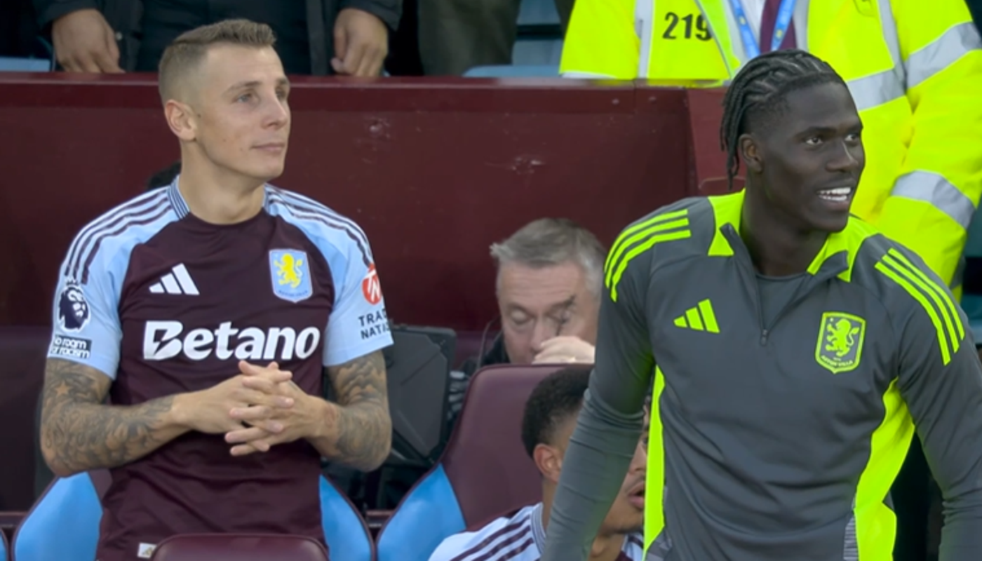 Lucas Digne and Amadou Onana jumped to their feet on the bench